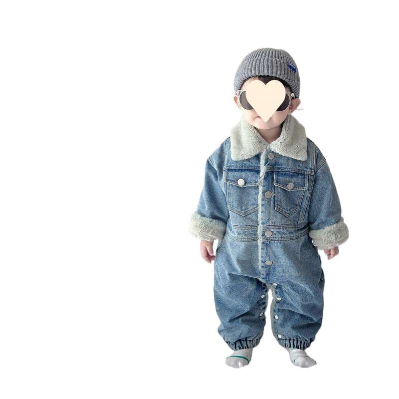もこもこ襟付きデニム調ベビーロンパース