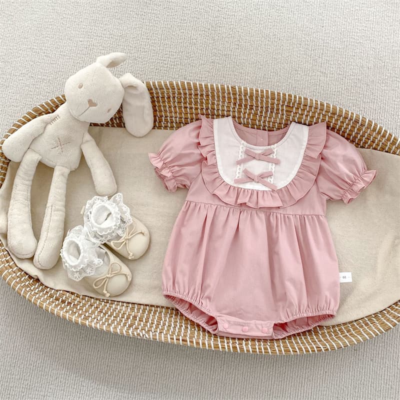 夏新作女の子用半袖ロンパース リボン付きパフスリーブベビー服