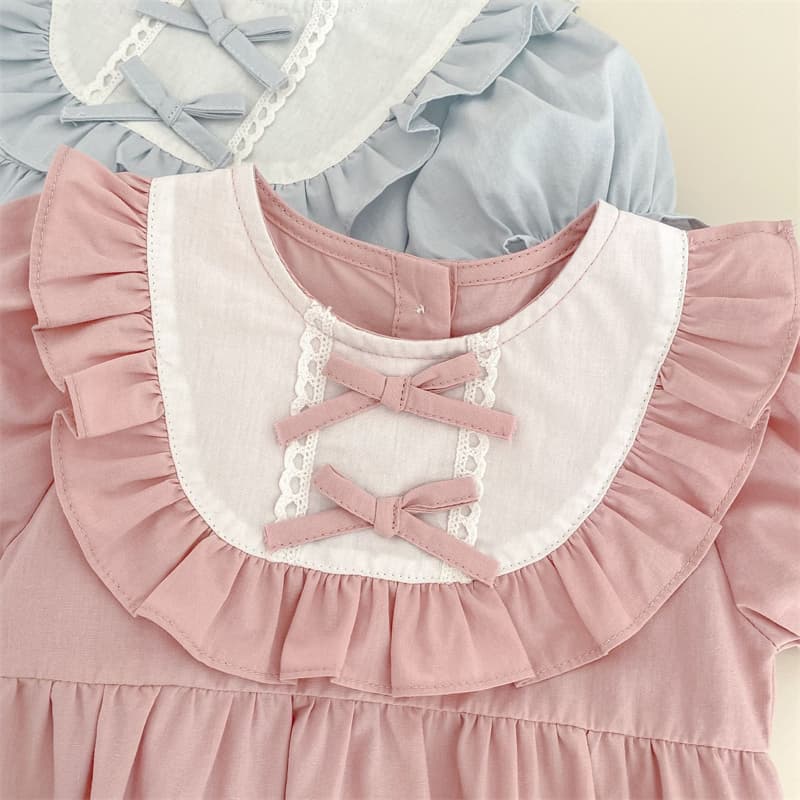 夏新作女の子用半袖ロンパース リボン付きパフスリーブベビー服