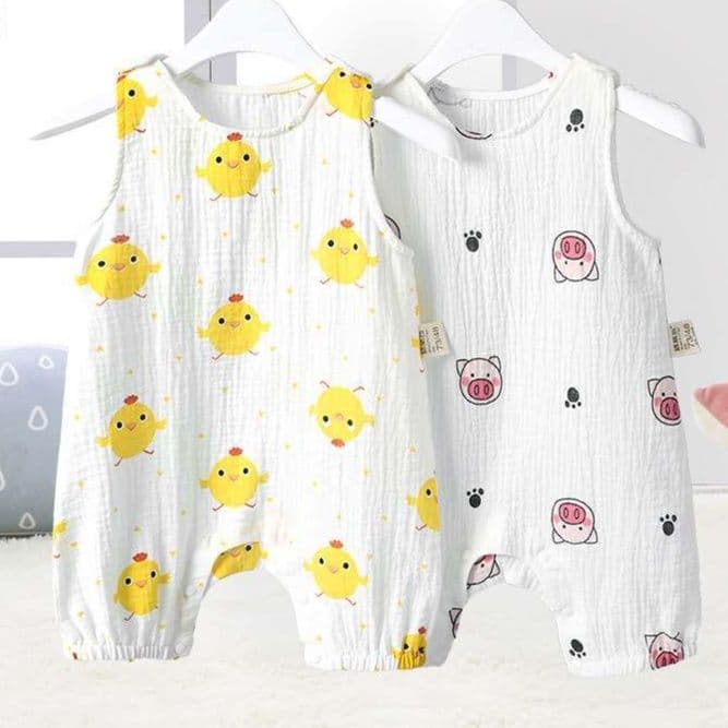 ベビーロンパース 動物柄ガーゼノースリーブベビー服