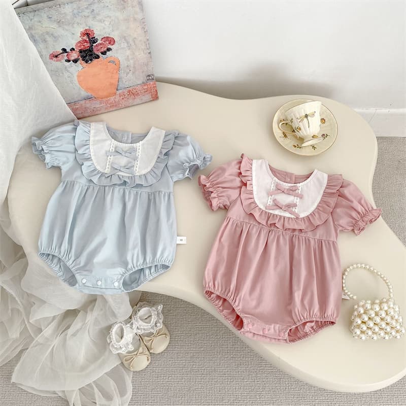 夏新作女の子用半袖ロンパース リボン付きパフスリーブベビー服