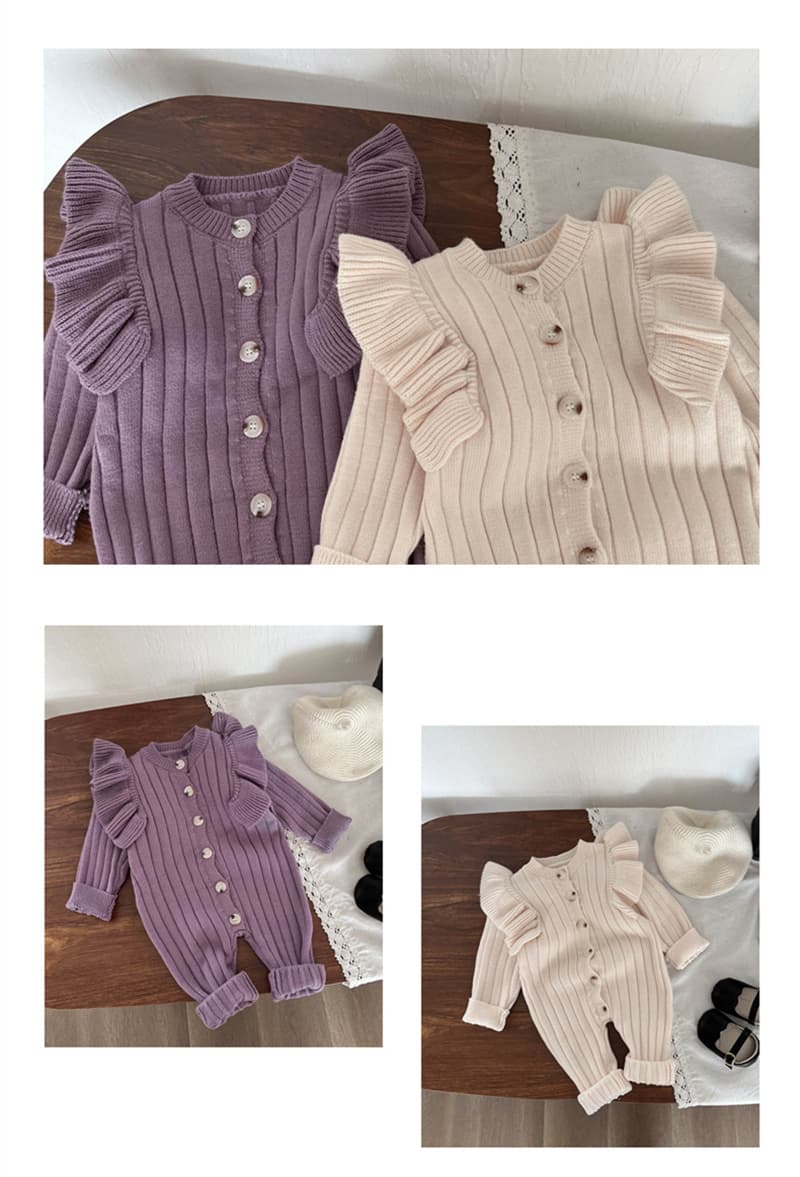 秋新作 長袖ニットロンパース フリル袖 可愛いベビー服