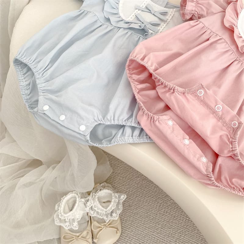 夏新作女の子用半袖ロンパース リボン付きパフスリーブベビー服