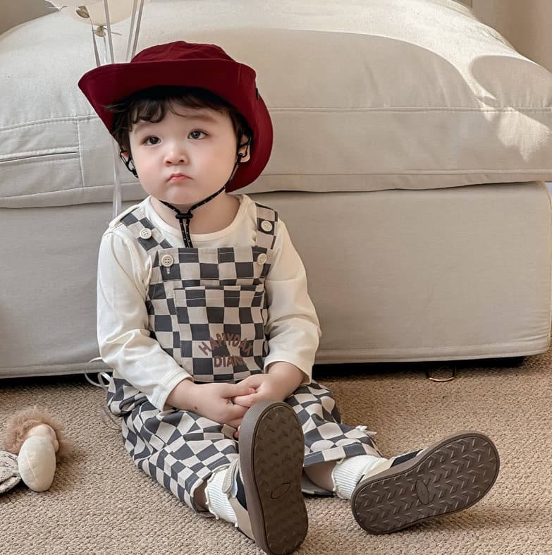 ロンパース 韓国風子供服 チェック柄長袖セットアップ 男の子ベビー服