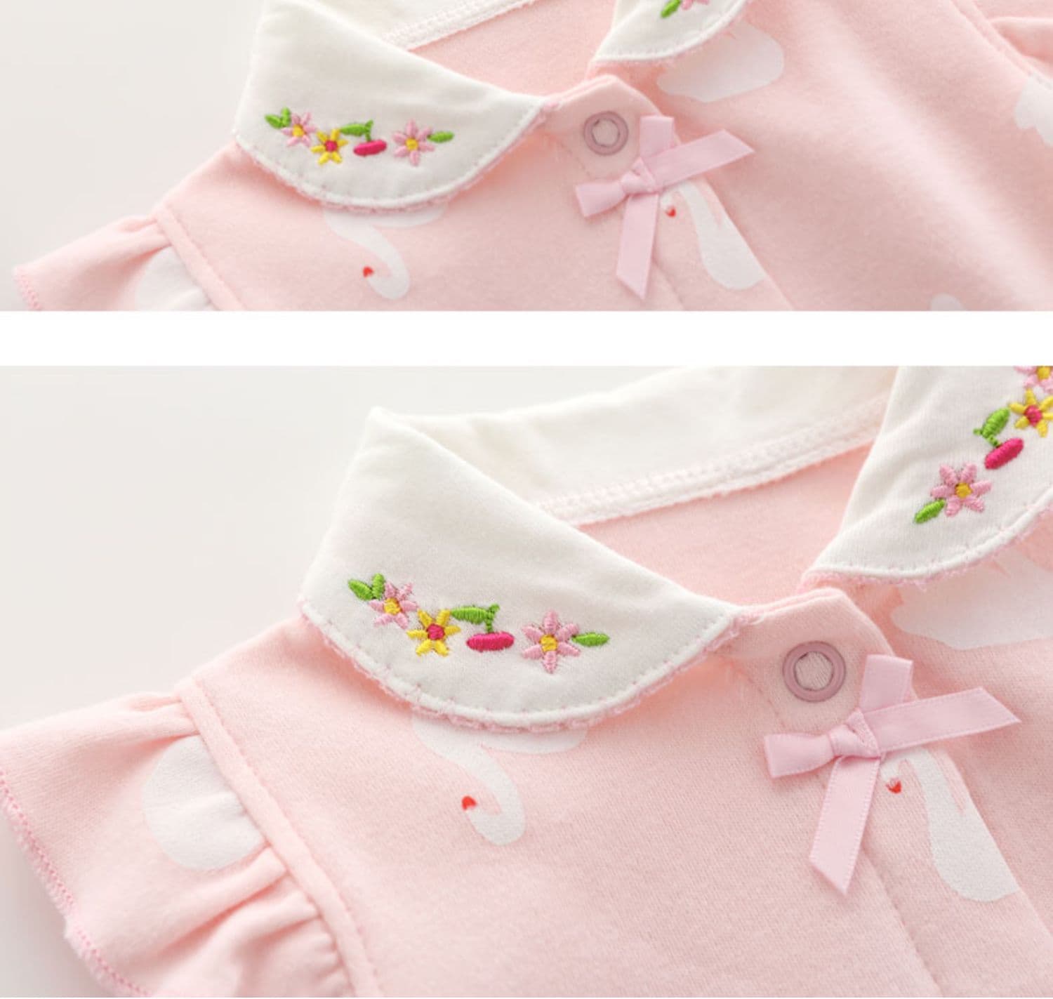 ロンパース 花刺繍襟 白鳥柄ノースリーブロンパース
