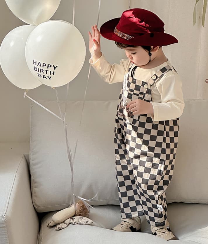 ロンパース 韓国風子供服 チェック柄長袖セットアップ 男の子ベビー服