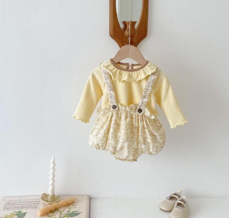 秋新作　長袖ロンパース　花柄吊りズボン付き　ベビー服　66-90センチ