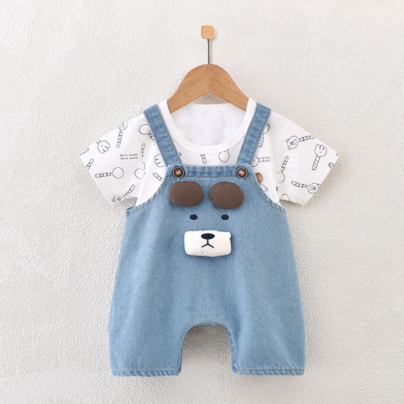 ロンパース くまちゃん顔付きサロペット風半袖ロンパース