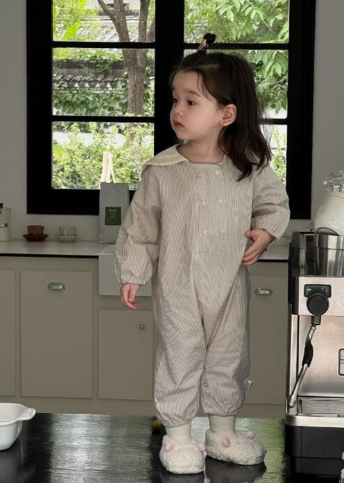 ベビー服長袖ボーダー柄ロンパース白襟付き66-90センチ
