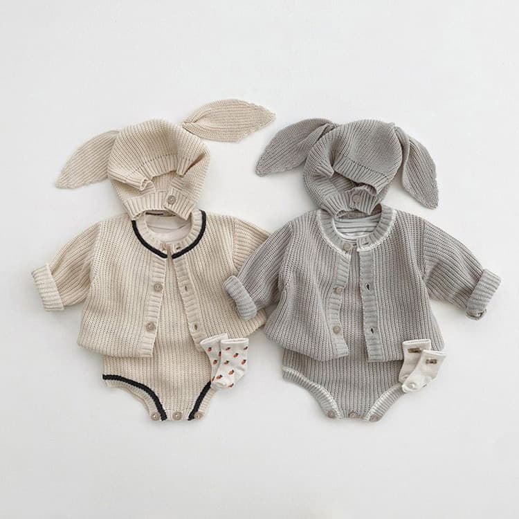 秋冬新作 長袖ニットロンパース うさぎ耳帽子付き 子供服