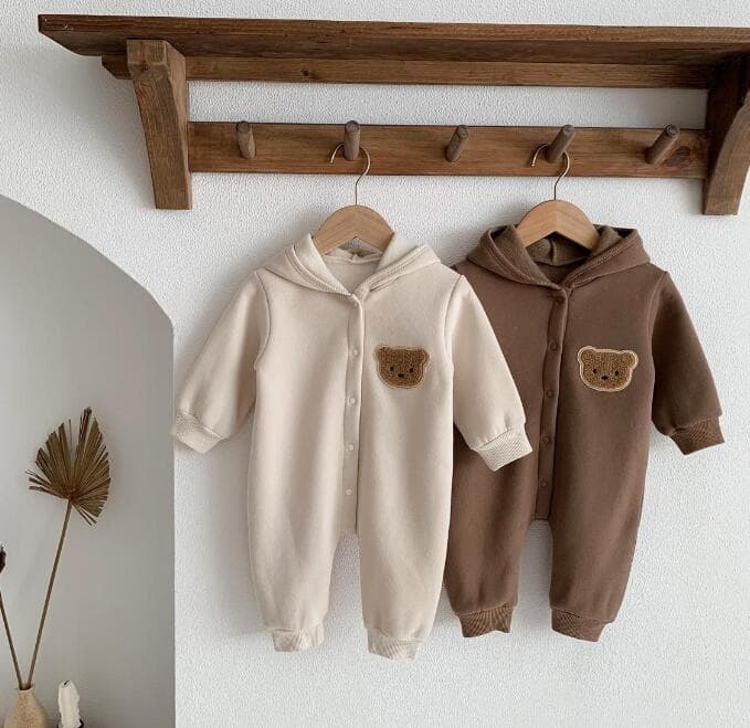 くま刺繍長袖ロンパース 65-90センチ 2色展開