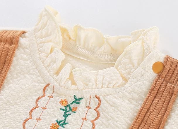 女の子用刺繍長袖ロンパース可愛いサスペンダー付き