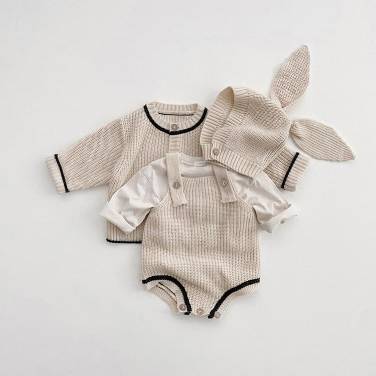 秋冬新作 長袖ニットロンパース うさぎ耳帽子付き 子供服