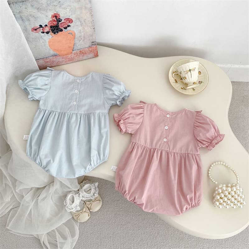 夏新作女の子用半袖ロンパース リボン付きパフスリーブベビー服