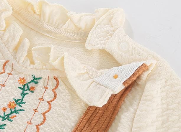 女の子用刺繍長袖ロンパース可愛いサスペンダー付き