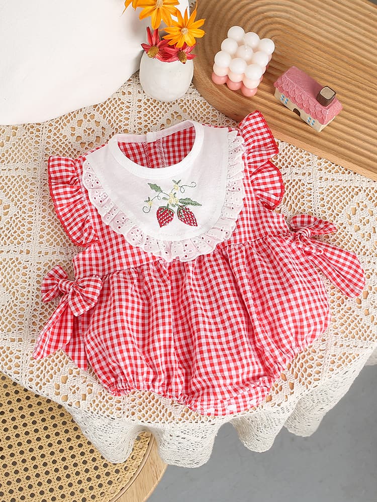 ロンパース いちご刺繍フリルノースリーブロンパース