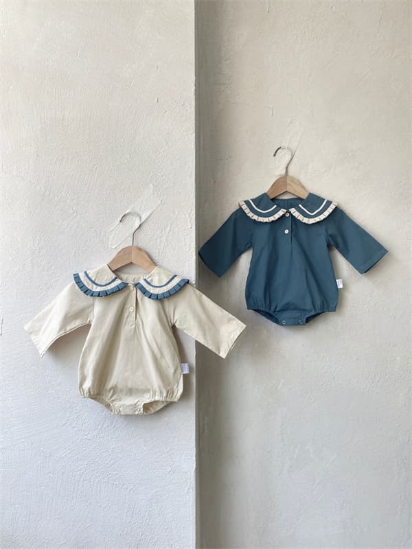 セーラー丸襟長袖ロンパース 綿素材