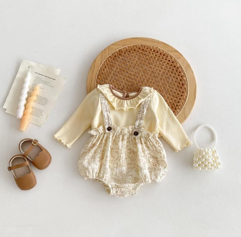 秋新作　長袖ロンパース　花柄吊りズボン付き　ベビー服　66-90センチ