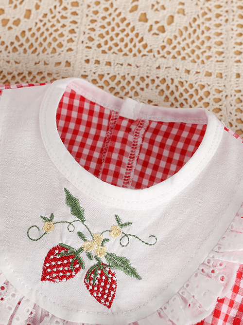 ロンパース いちご刺繍フリルノースリーブロンパース