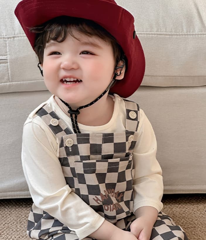 ロンパース 韓国風子供服 チェック柄長袖セットアップ 男の子ベビー服