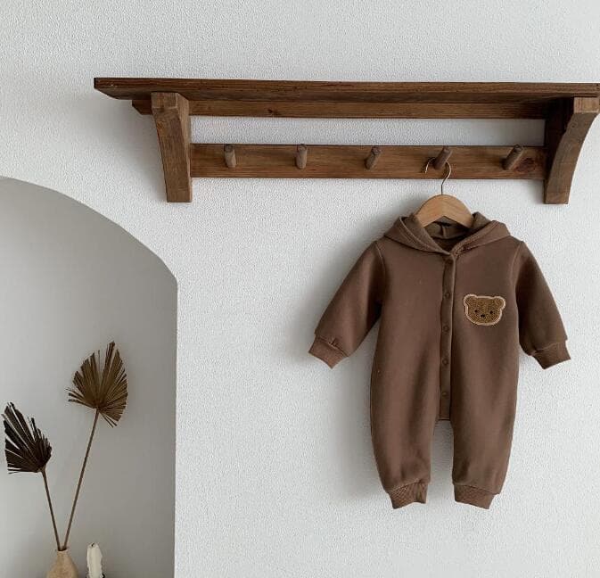 くま刺繍長袖ロンパース 65-90センチ 2色展開