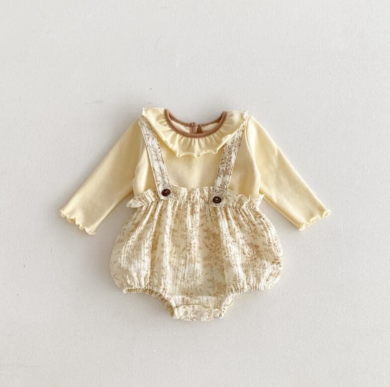 秋新作　長袖ロンパース　花柄吊りズボン付き　ベビー服　66-90センチ