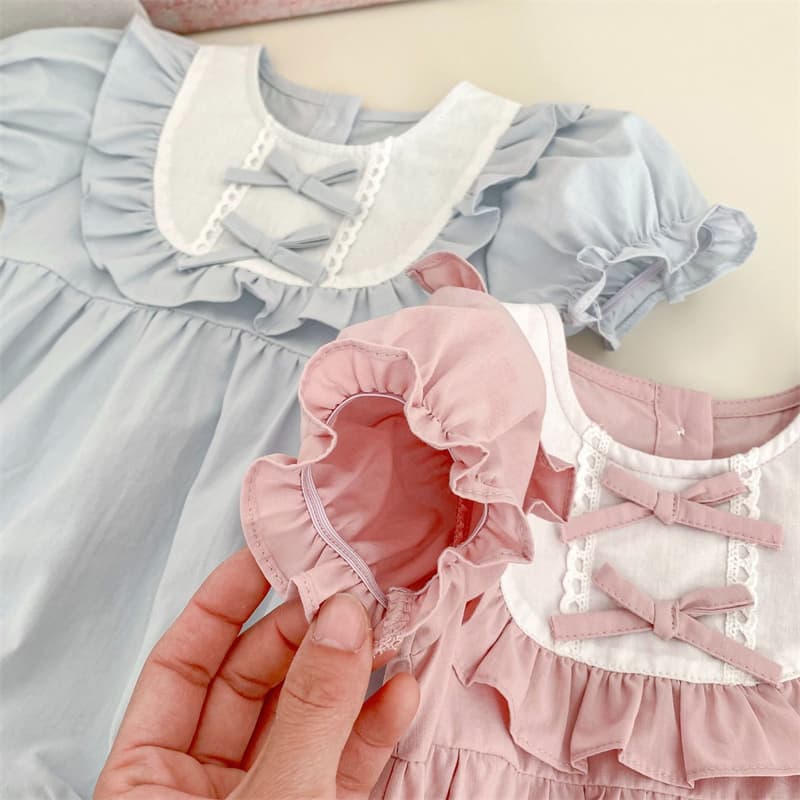 夏新作女の子用半袖ロンパース リボン付きパフスリーブベビー服