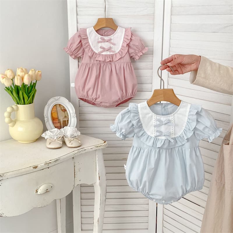 夏新作女の子用半袖ロンパース リボン付きパフスリーブベビー服