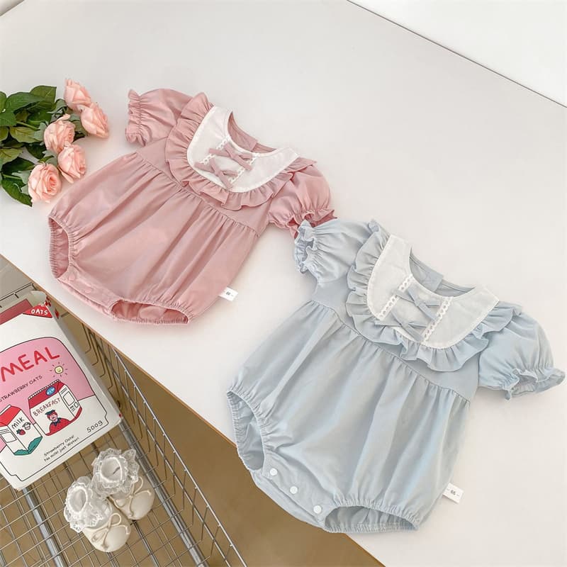夏新作女の子用半袖ロンパース リボン付きパフスリーブベビー服