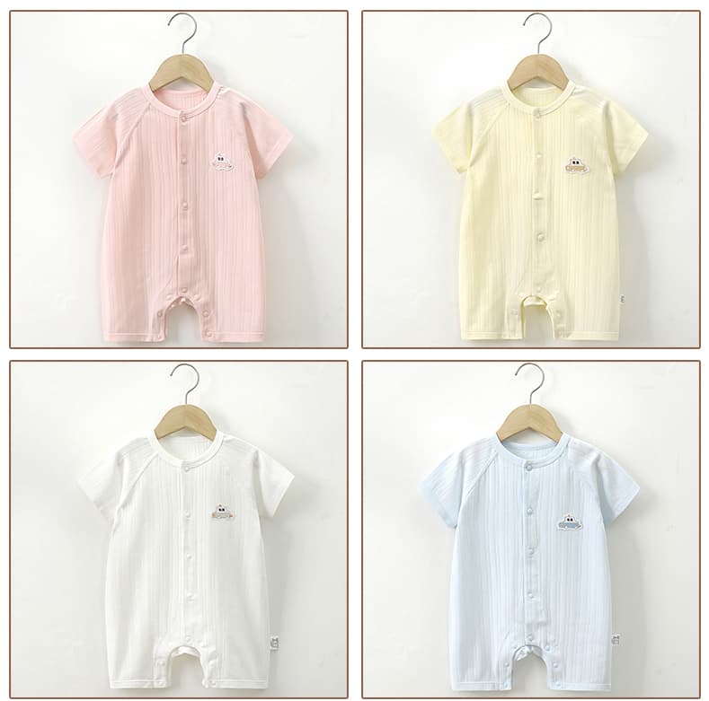 ロンパース くるま刺繍入りリブ半袖ロンパース