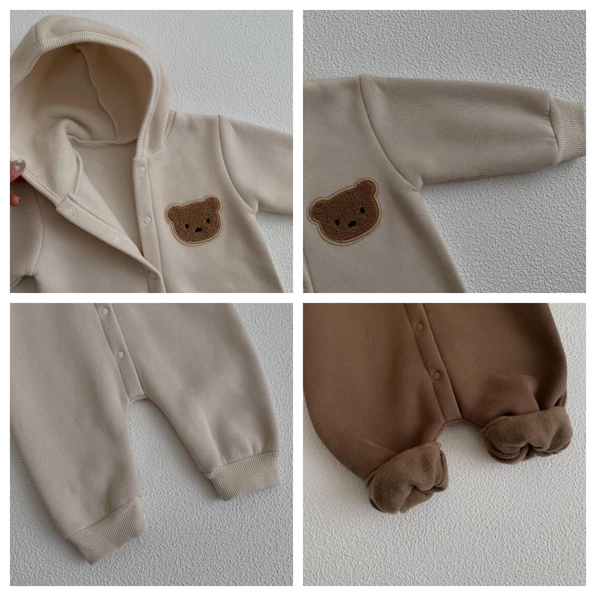 くま刺繍長袖ロンパース 65-90センチ 2色展開