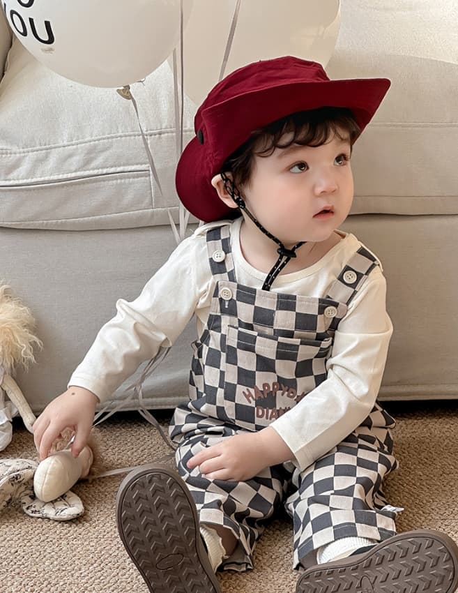 ロンパース 韓国風子供服 チェック柄長袖セットアップ 男の子ベビー服