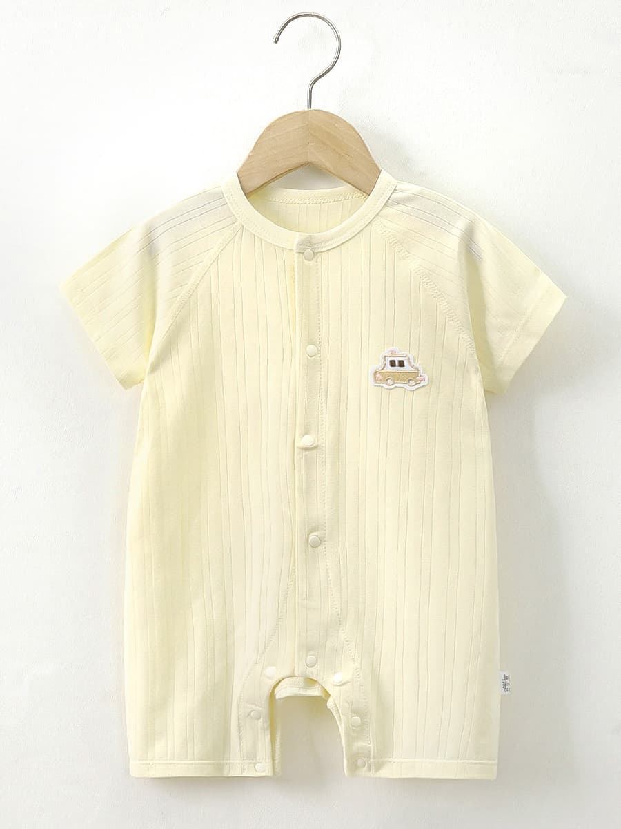 ロンパース くるま刺繍入りリブ半袖ロンパース