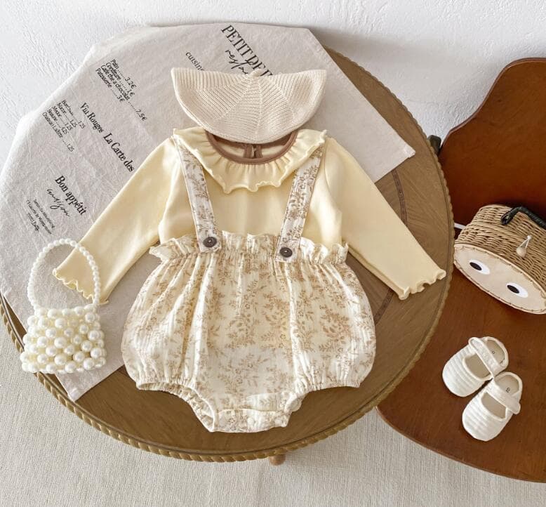 秋新作　長袖ロンパース　花柄吊りズボン付き　ベビー服　66-90センチ