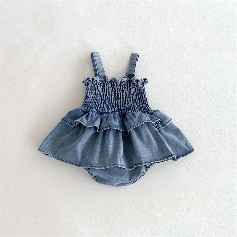 女の子用デニムノースリーブロンパース