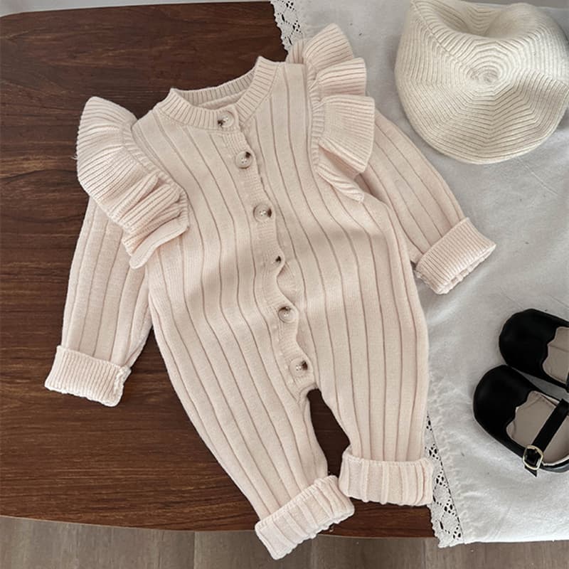 秋新作 長袖ニットロンパース フリル袖 可愛いベビー服