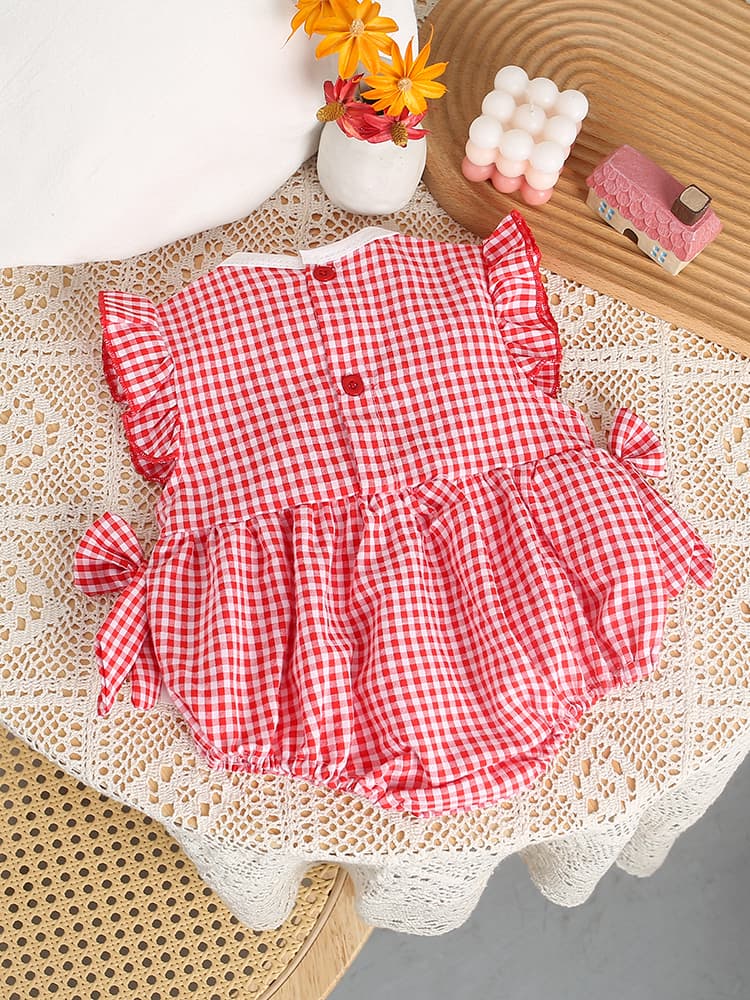 ロンパース いちご刺繍フリルノースリーブロンパース