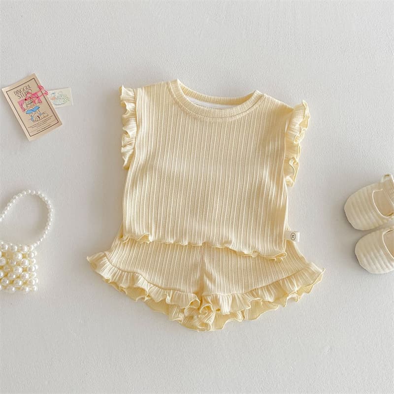 ロンパース 夏新作ベビー服フリルノースリーブセットアップ5色