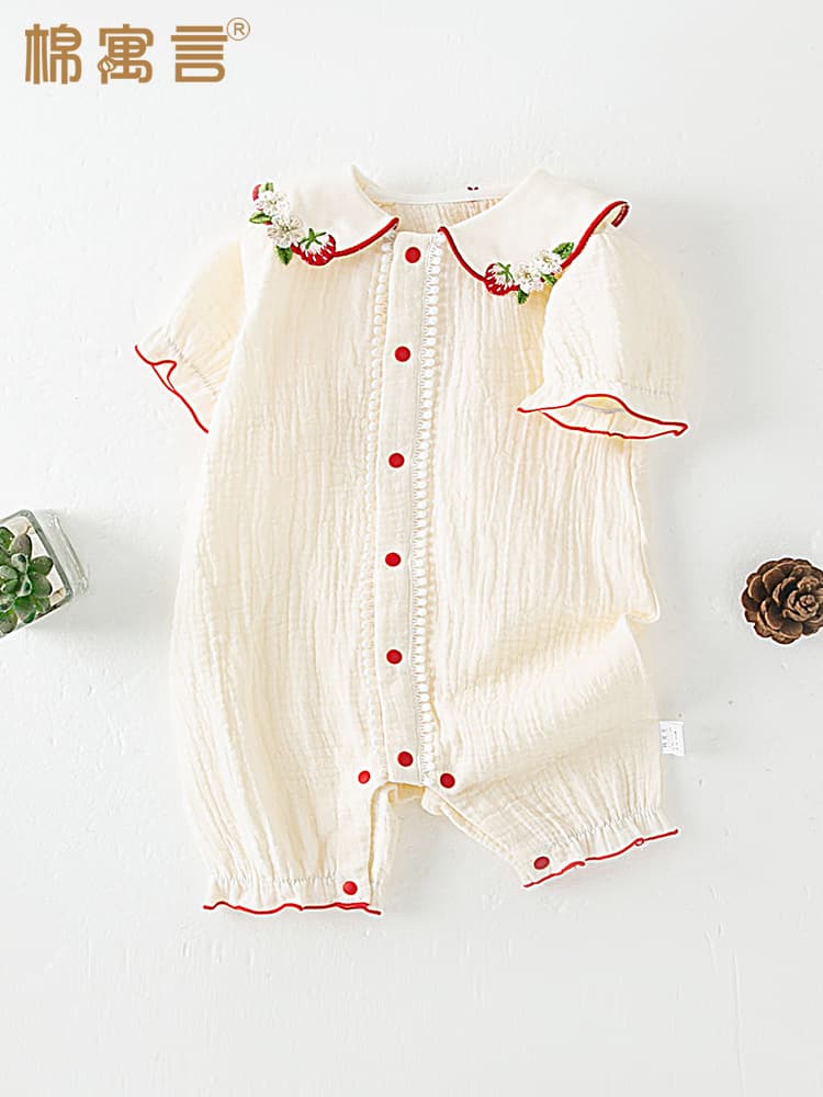 ロンパース いちご刺繍襟付き半袖ロンパース