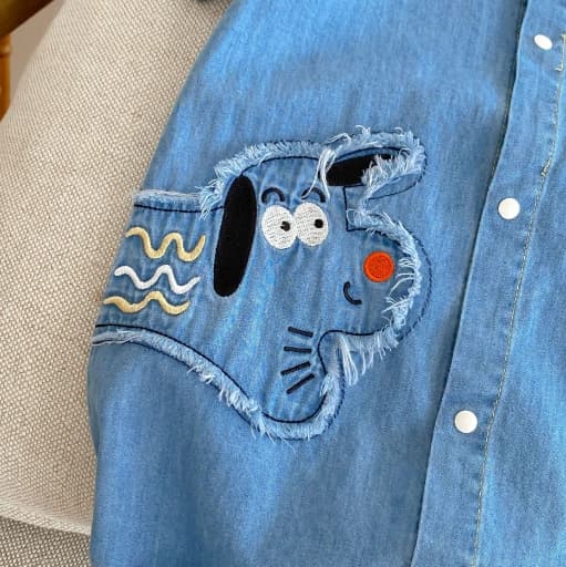 可愛い犬刺繍 半袖デニムロンパース 男女兼用