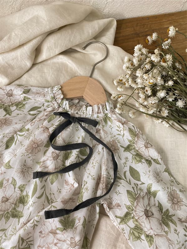 女の子リボン付き長袖ロンパース新生児綿花柄連体服