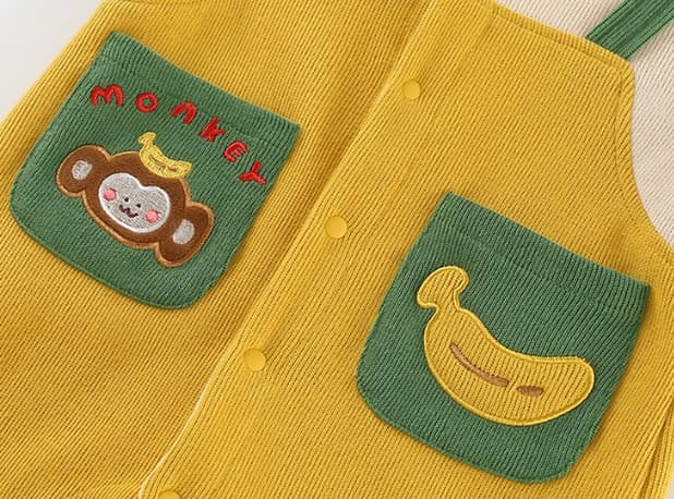 秋冬新作 男の子用長袖ロンパース サル刺繍 黄色つなぎ服