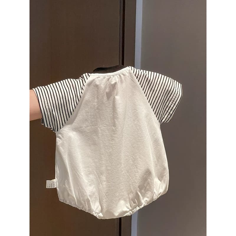 わんちゃん刺繍ストライプ袖ロンパース