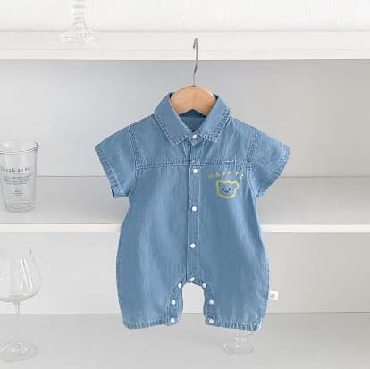 春夏新作男の子半袖ロンパース可愛いくまデニム風ベビー服