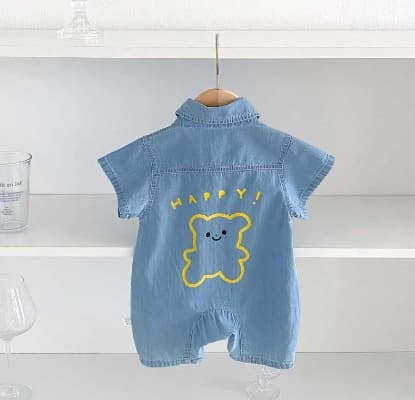 春夏新作男の子半袖ロンパース可愛いくまデニム風ベビー服