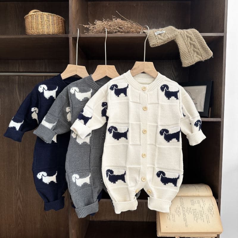 犬柄ニット長袖ロンパース 韓国風子供服 3色展開