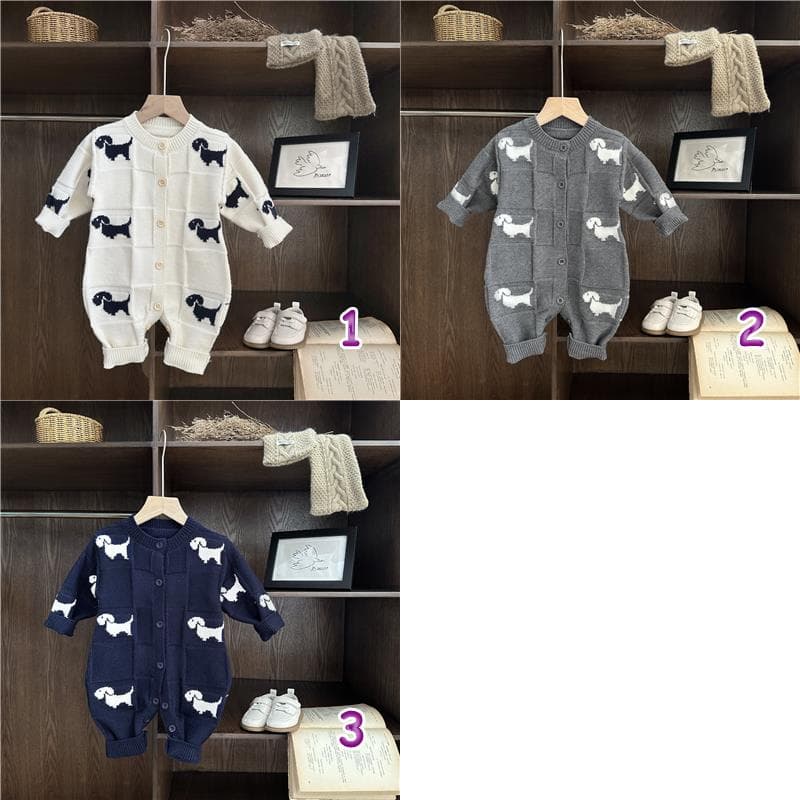 犬柄ニット長袖ロンパース 韓国風子供服 3色展開