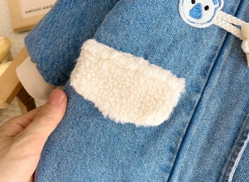 秋冬新作男の子長袖くま耳付きデニムロンパース