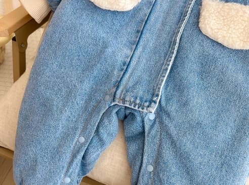 秋冬新作男の子長袖くま耳付きデニムロンパース