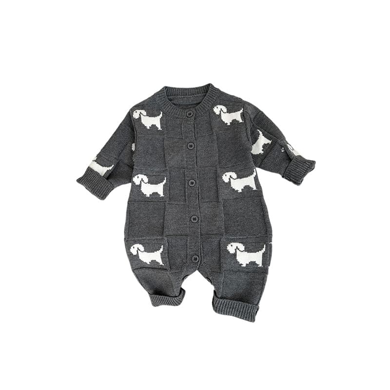 犬柄ニット長袖ロンパース 韓国風子供服 3色展開